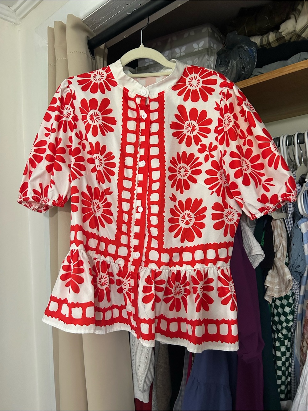 Red and White Floral Button-Up Peplum Top